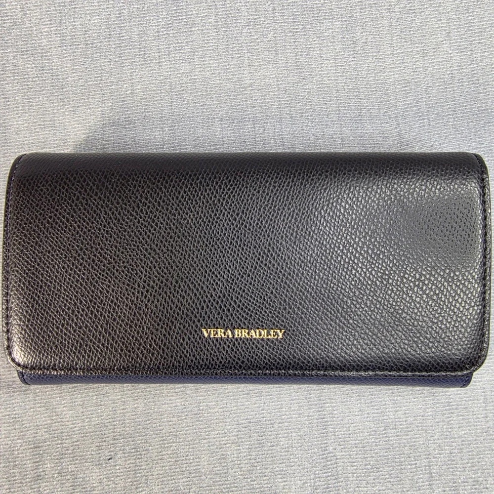 NWOT Vera Bradley Audrey Wallet Women Navy Black Excellent‎ Pebbled Leather RFID